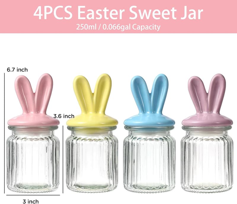 Easter Glass Storage Jars with Bunny Ear Lids - Set of 4