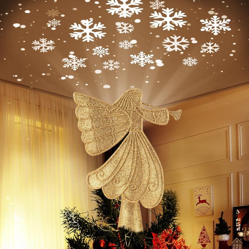 Gold Angel Tree Topper with LED Snowflake Projector Lights