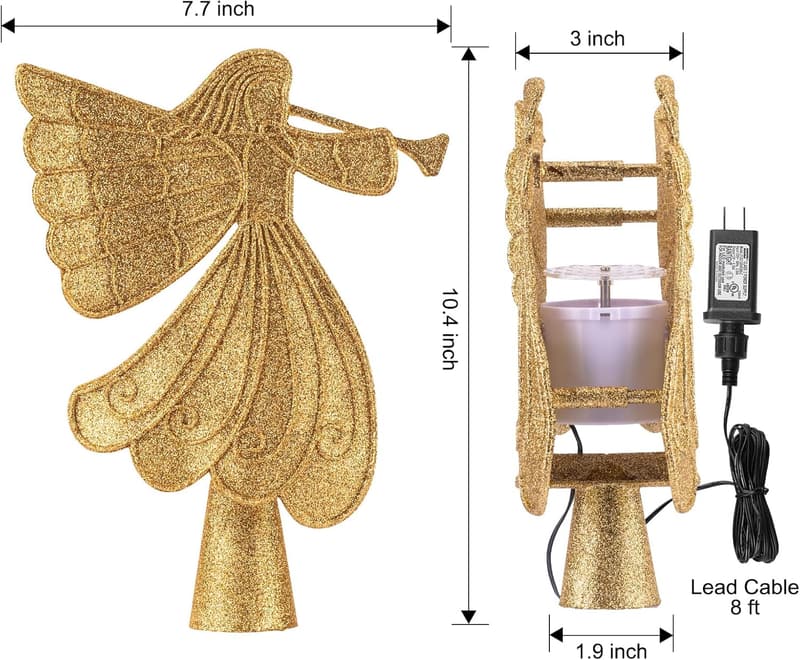 Gold Angel Tree Topper with LED Snowflake Projector Lights