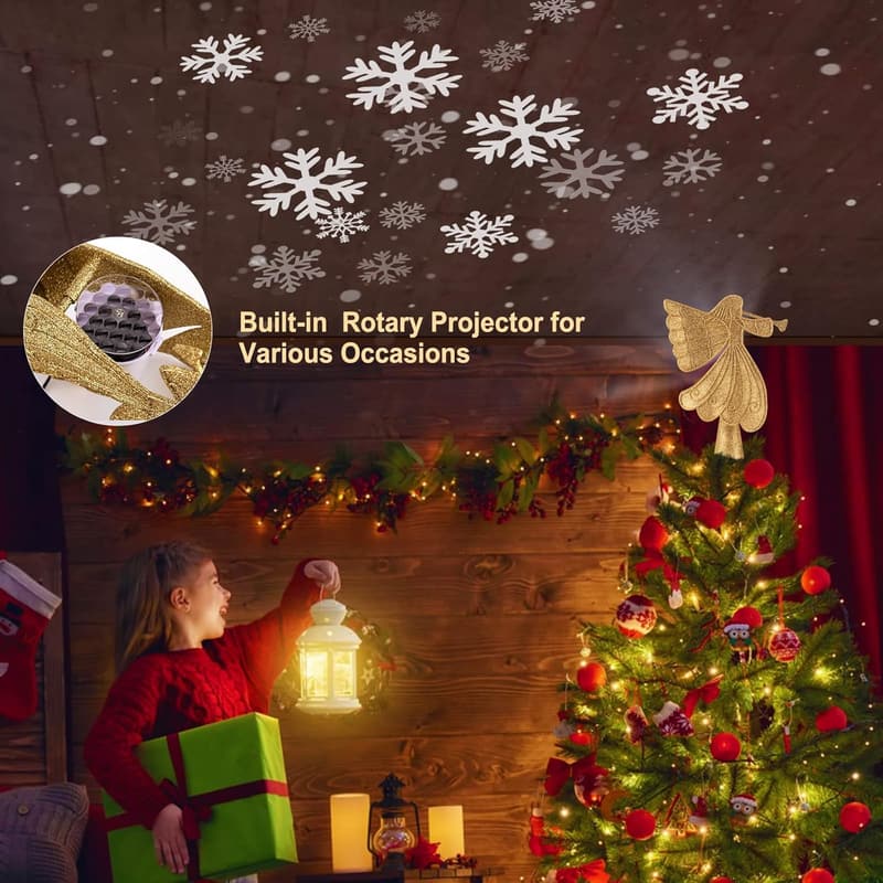 Gold Angel Tree Topper with LED Snowflake Projector Lights