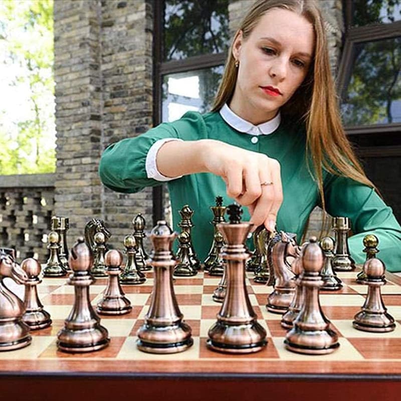 Deluxe Copper-Plated Chess Set with Wooden Storage Box, 2 Players