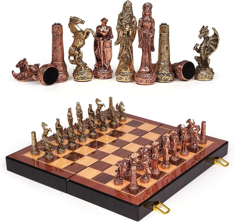 Vintage Metal Chess Set with Wooden Board for Adults & Kids