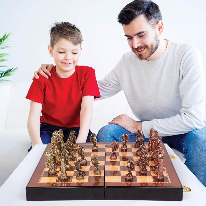 Vintage Metal Chess Set with Wooden Board for Adults & Kids
