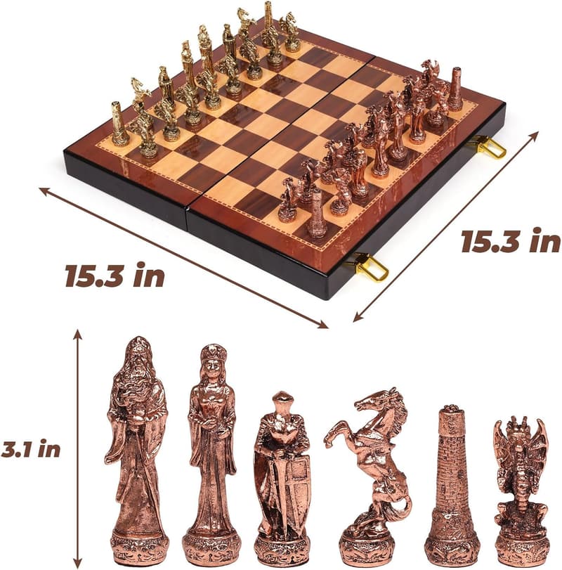 Vintage Metal Chess Set with Wooden Board for Adults & Kids