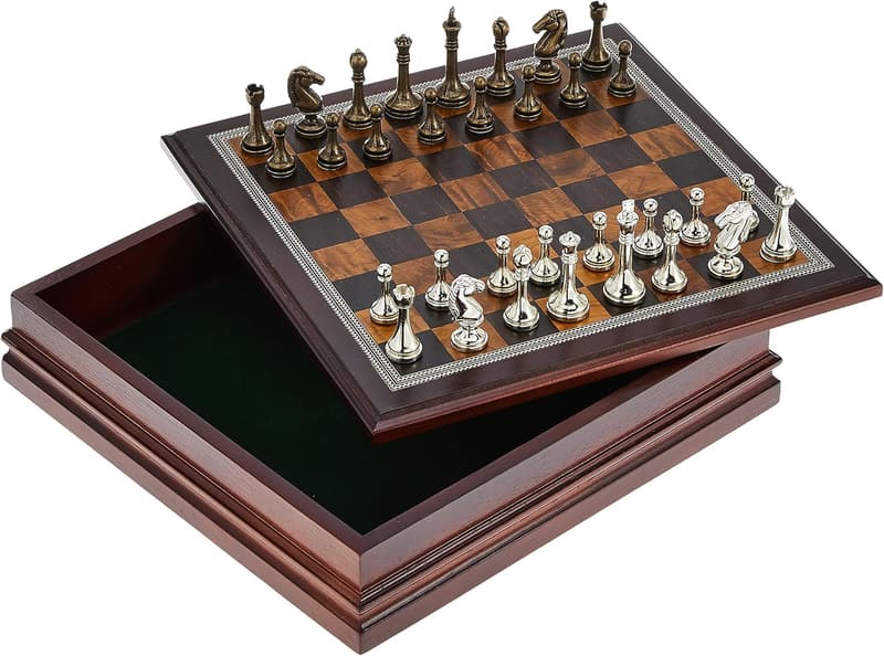 Deluxe Metal Chess Set with Wooden Board and Storage