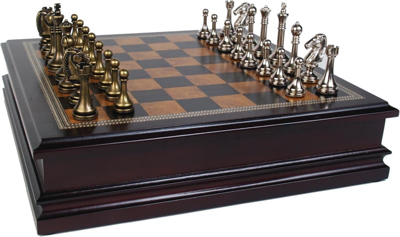 Deluxe Metal Chess Set with Wooden Board and Storage