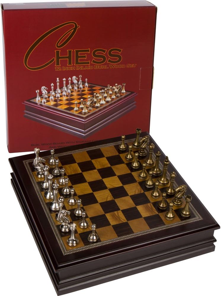 Wood Chess Game Set with Metal Pieces - 12 X 12 Inch