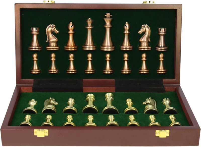 Deluxe Metal Chess Set with Folding Wooden Board for Adults