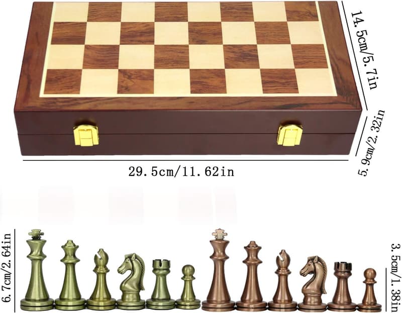 Deluxe Metal Chess Set with Folding Wooden Board for Adults