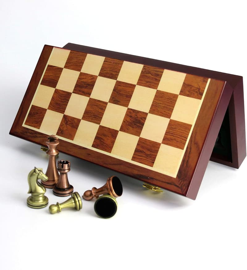 Deluxe Metal Chess Set with Folding Wooden Board for Adults