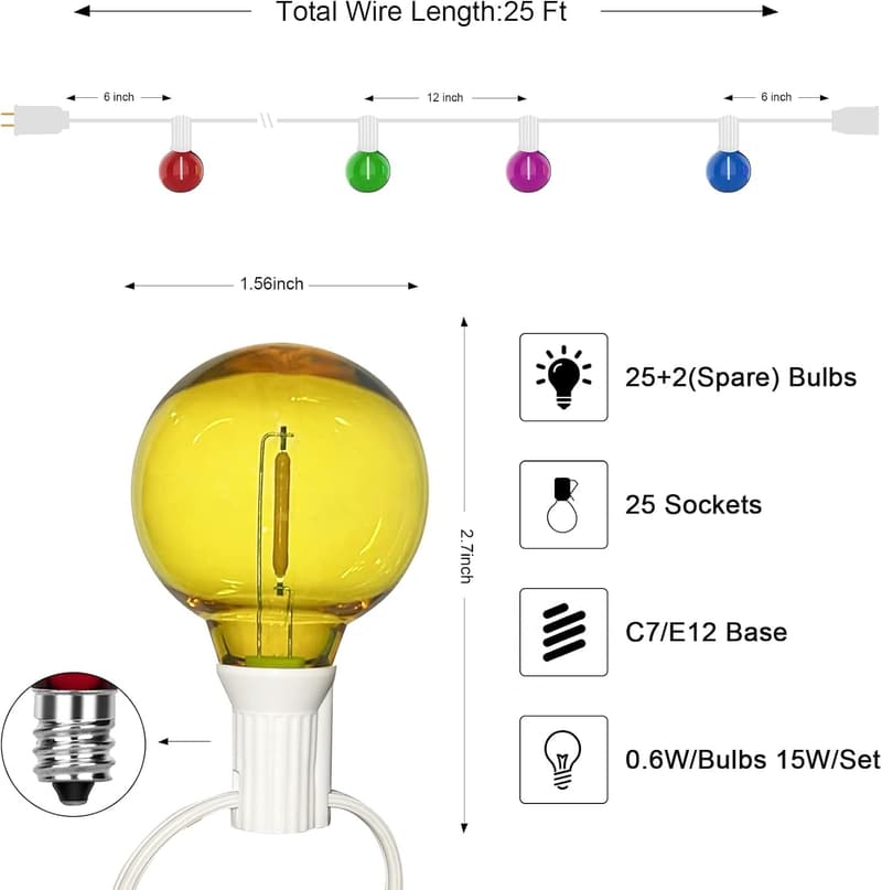 G40 Waterproof LED String Lights with 27 Multicolor Bulbs
