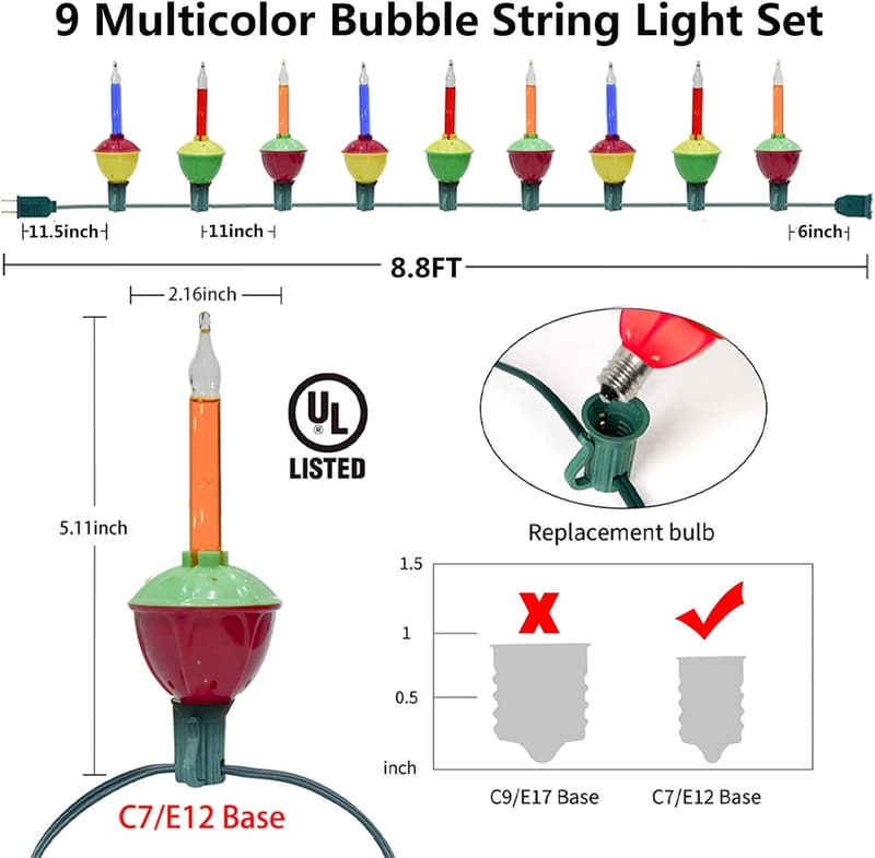 8.8Ft Vintage Multicolor Bubble Lights, 10 Bulbs for Holiday Decor