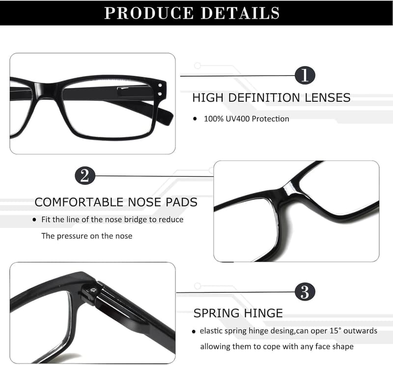 6 Pairs Spring Hinge Reading Glasses for Men and Women