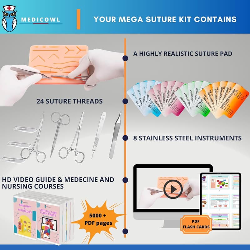 Suture Practice Kit with Reusable Pad & 24 Threads - 33 Pieces