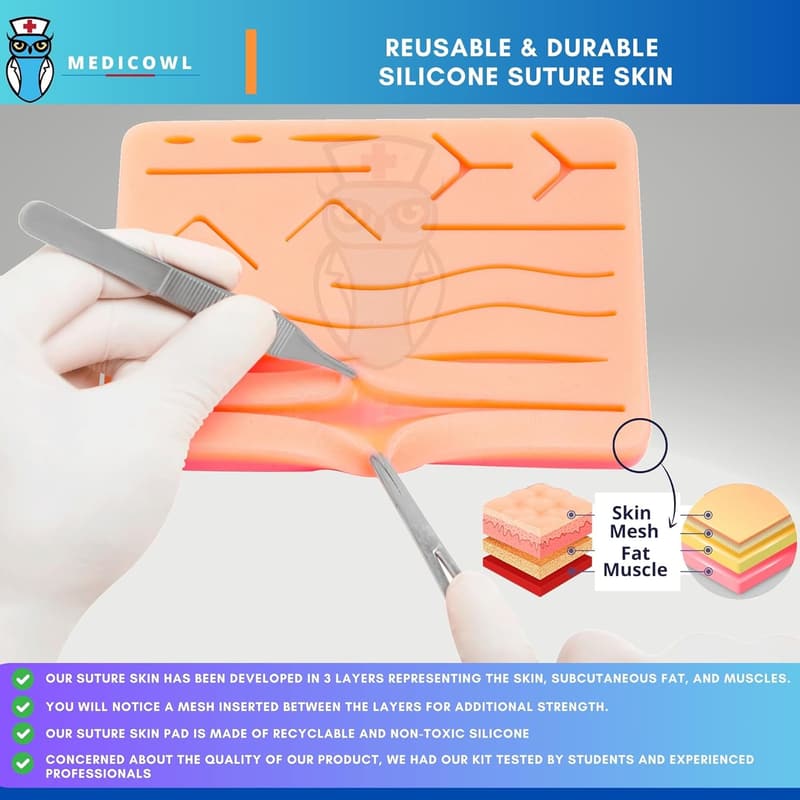 Suture Practice Kit with Reusable Pad & 24 Threads - 33 Pieces