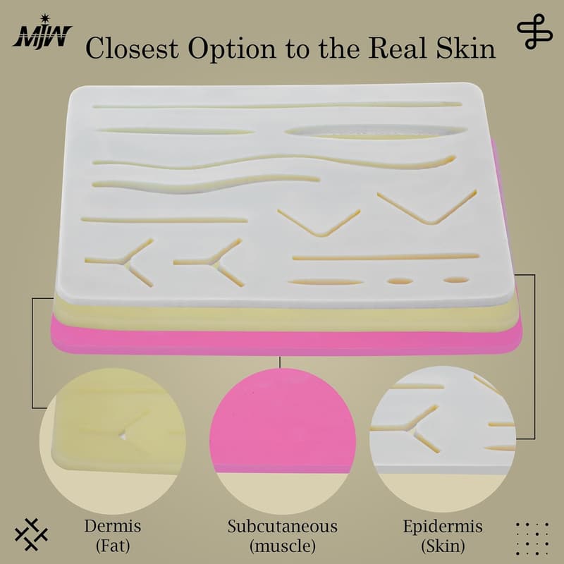 Suture Practice Kit with 14 Wounds, Durable Silicone Pad