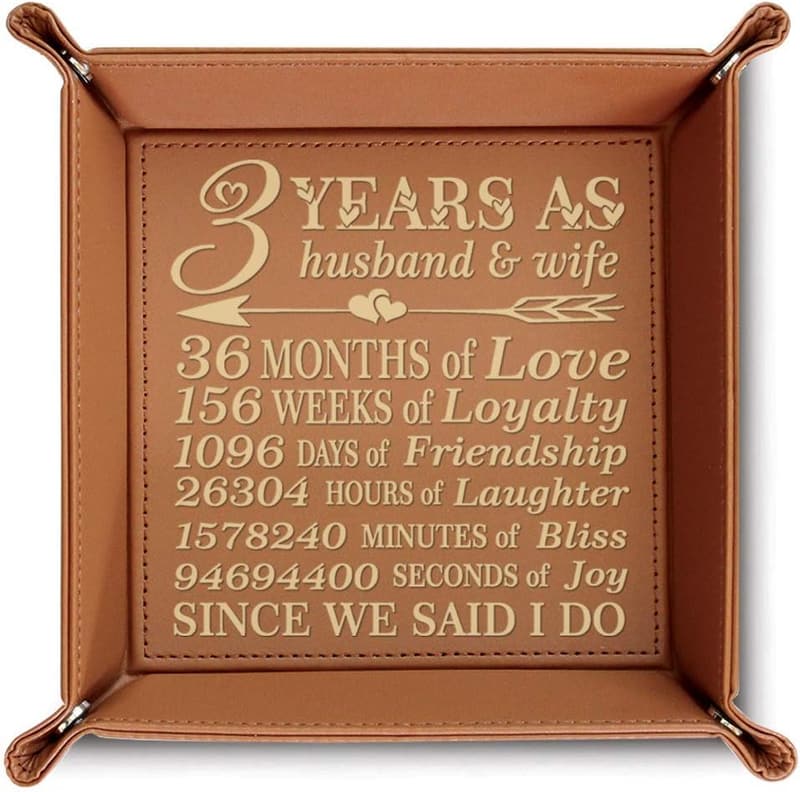3rd Anniversary Engraved Leather Tray for Couples