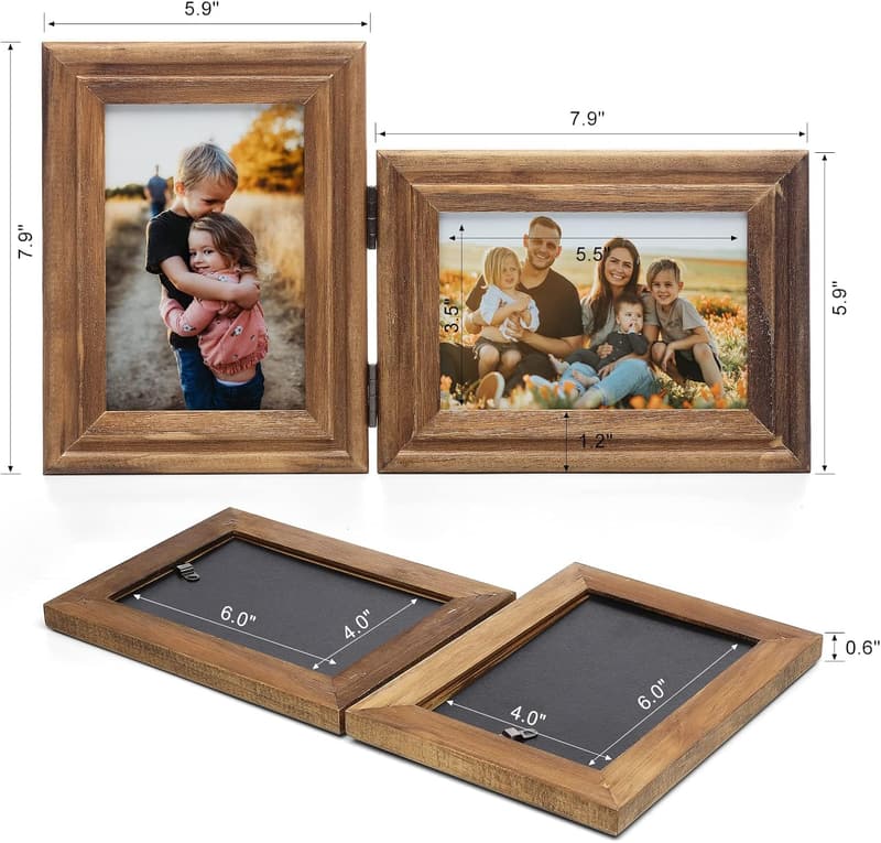 Double Hinged Wood Picture Frames for 4x6 Photos - Desktop Use