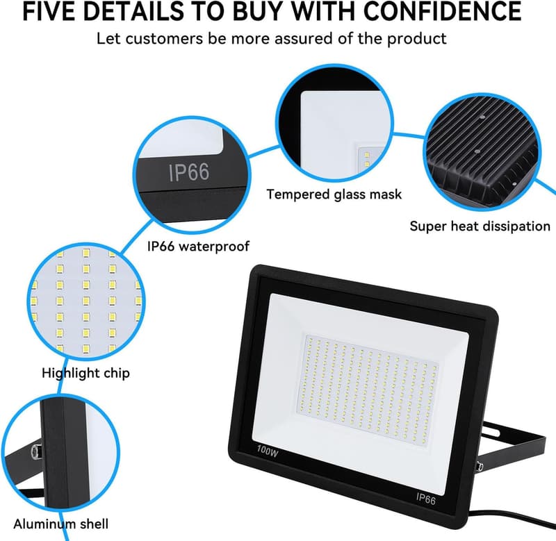 Outdoor LED Flood Lights - 100W, 11000lm, IP66 Waterproof