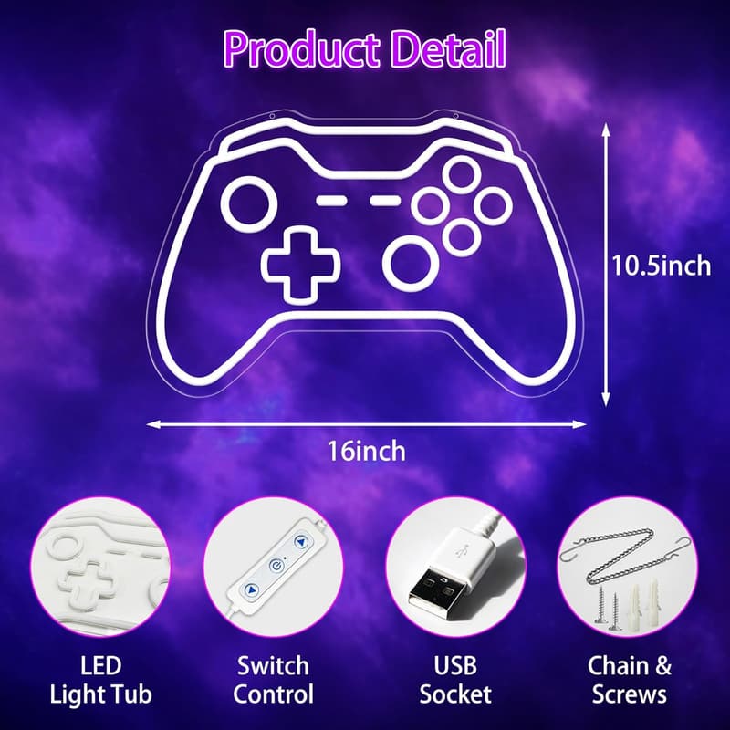 Gaming Neon Sign with Adjustable Brightness for Gamer Room Decor