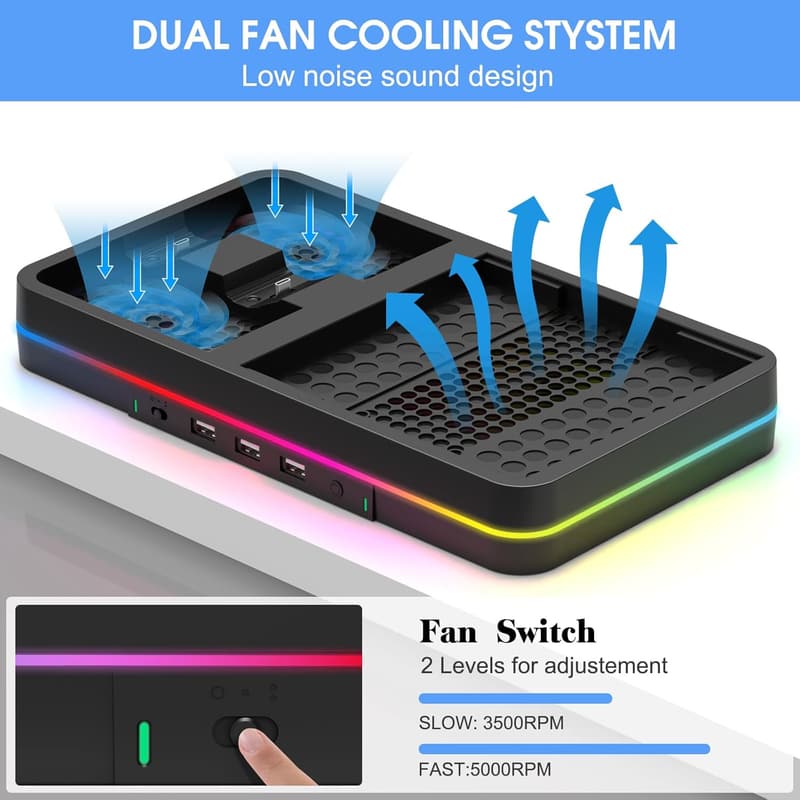 Xbox Series X/S Dual Cooling Fan & Charger Stand with RGB Lights