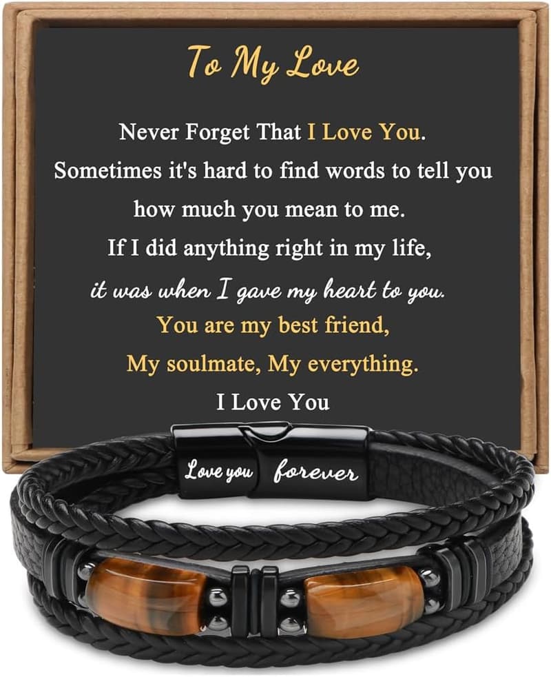 Father's Day Leather Bracelet for Men with Tiger Eye Stone