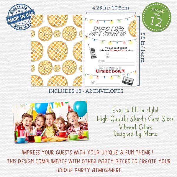 Kids Birthday Party Invitations - Retro Waffle Stranger Theme, 12 Pack