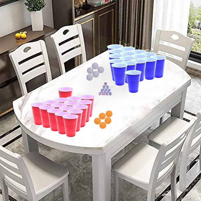 Reusable Red and Blue Plastic Party Cups with Ping Pong Balls Set