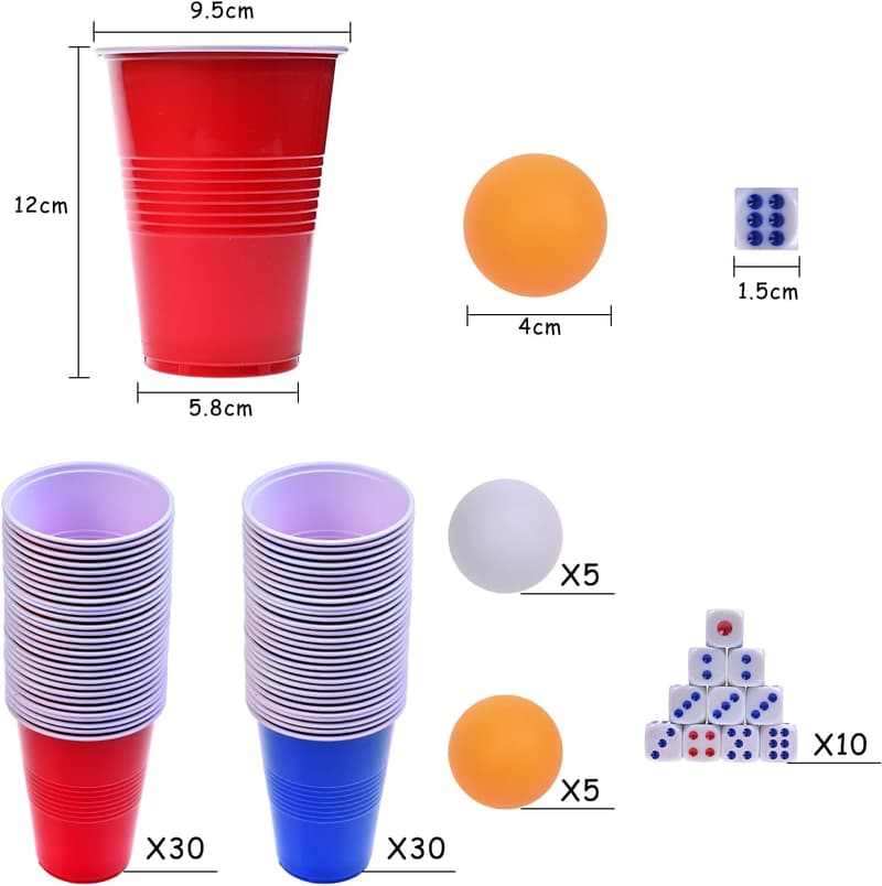 Reusable Red and Blue Plastic Party Cups with Ping Pong Balls Set