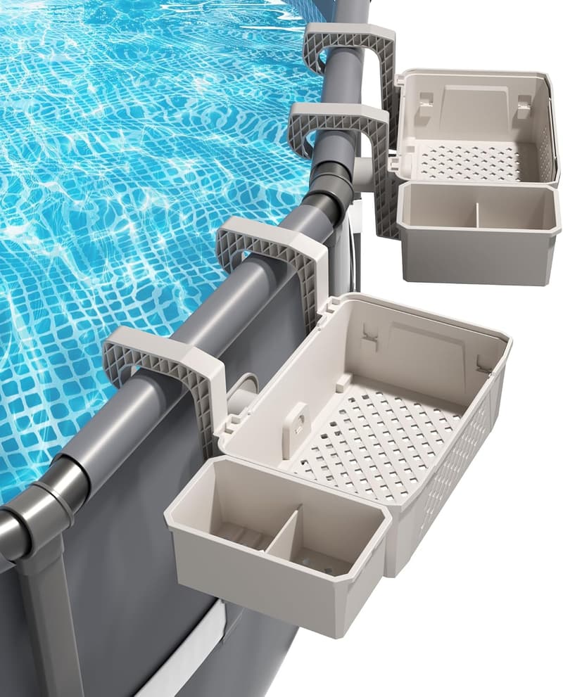 Above Ground Poolside Storage Baskets with Cup Holders - Grey