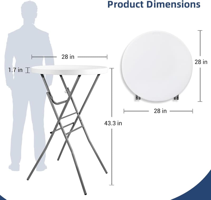 Tall Folding Round Cocktail Table Set for Events - 28in, White (2PCS)