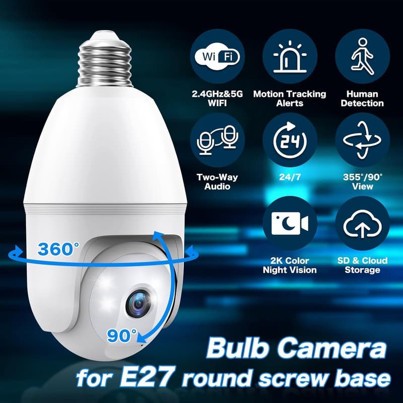 Outdoor 2K Wireless Light Bulb Security Camera with Night Vision
