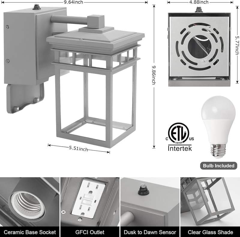 Waterproof Outdoor Porch Light with GFCI Outlet & Bulb (Gray)