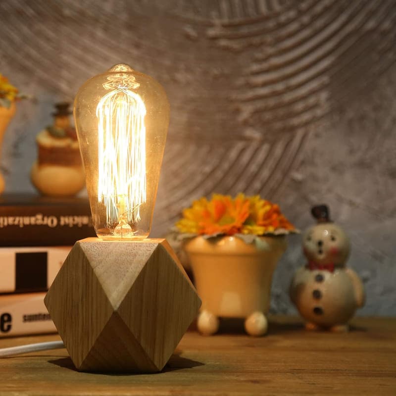 Dimmable Wood Table Lamp with Edison Bulb | Industrial Style