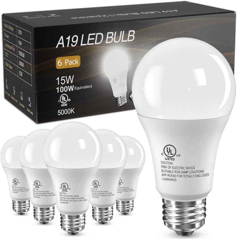 100W Equivalent A19 LED Light Bulbs, 5000K Daylight, 6 Pack