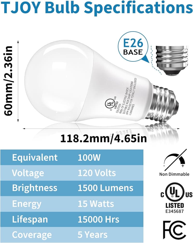 100W Equivalent A19 LED Light Bulbs, 5000K Daylight, 6 Pack
