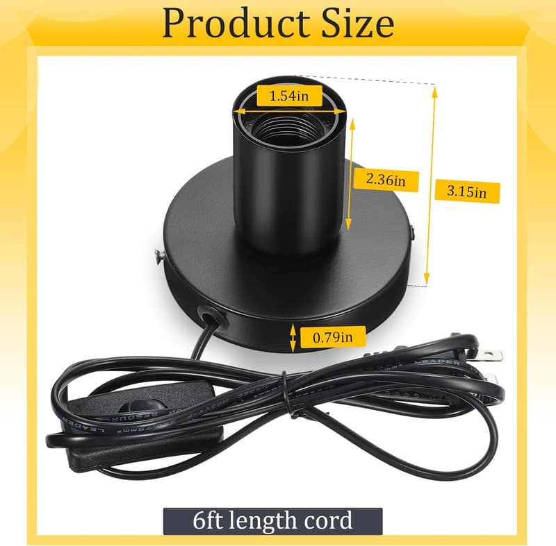 Black Metal Desktop Lamp Base with 6ft Cord & On/Off Switch