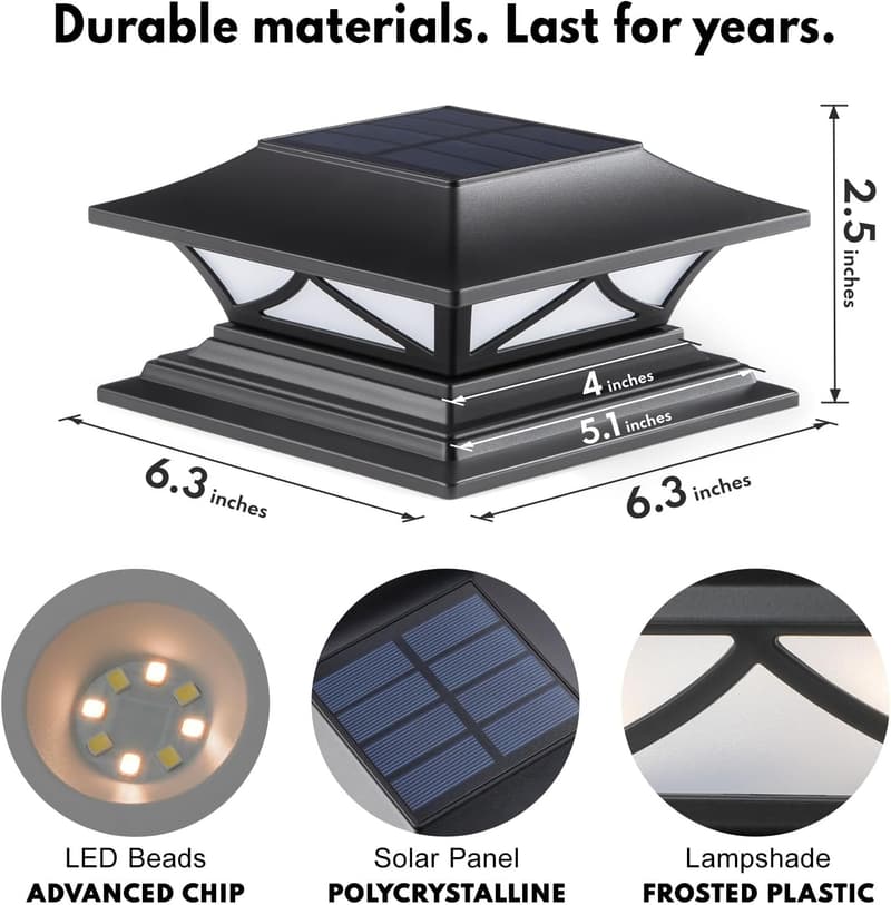 Solar Post Cap Lights - 2-Pack, Waterproof for 4x4, 5x5, 6x6 Posts