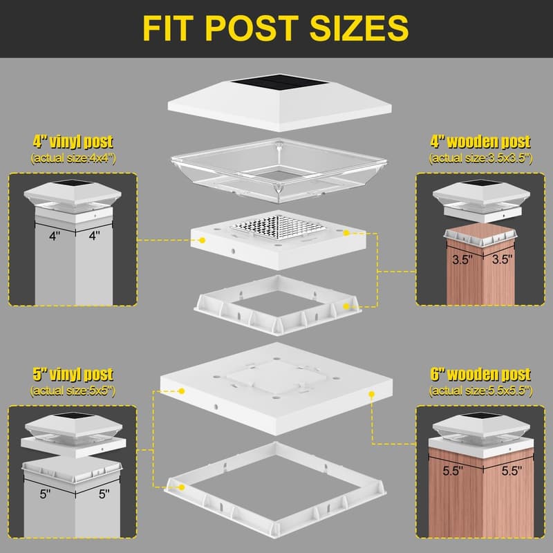 Solar Post Cap Lights 6-Pack - Waterproof for Decks & Fences