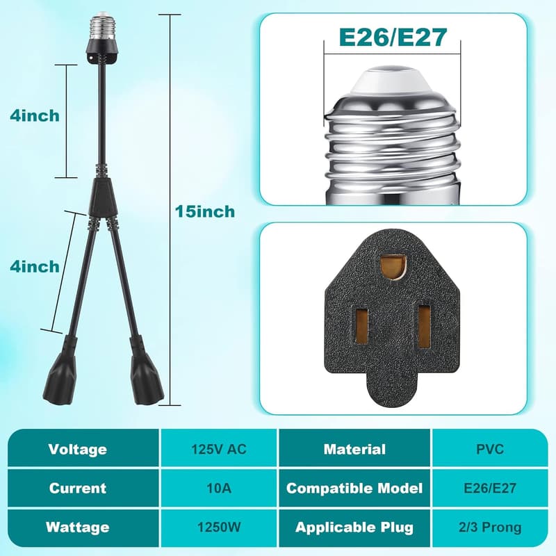 E26/E27 Light Socket to Dual Outlet Adapter for Porch/Garage