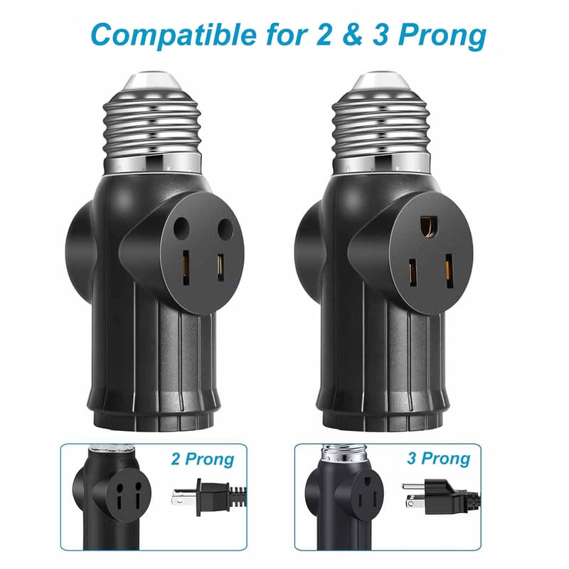E26/E27 Light Socket Adapter for 2/3 Prong, Indoor/Outdoor