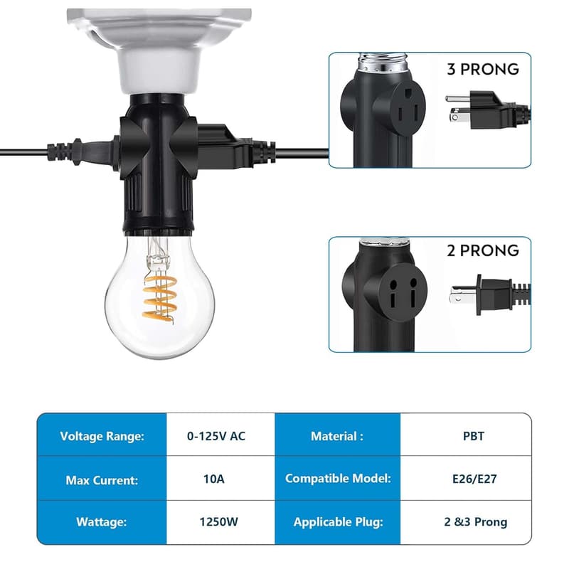 E26/E27 Light Socket Adapter for 2/3 Prong, Indoor/Outdoor