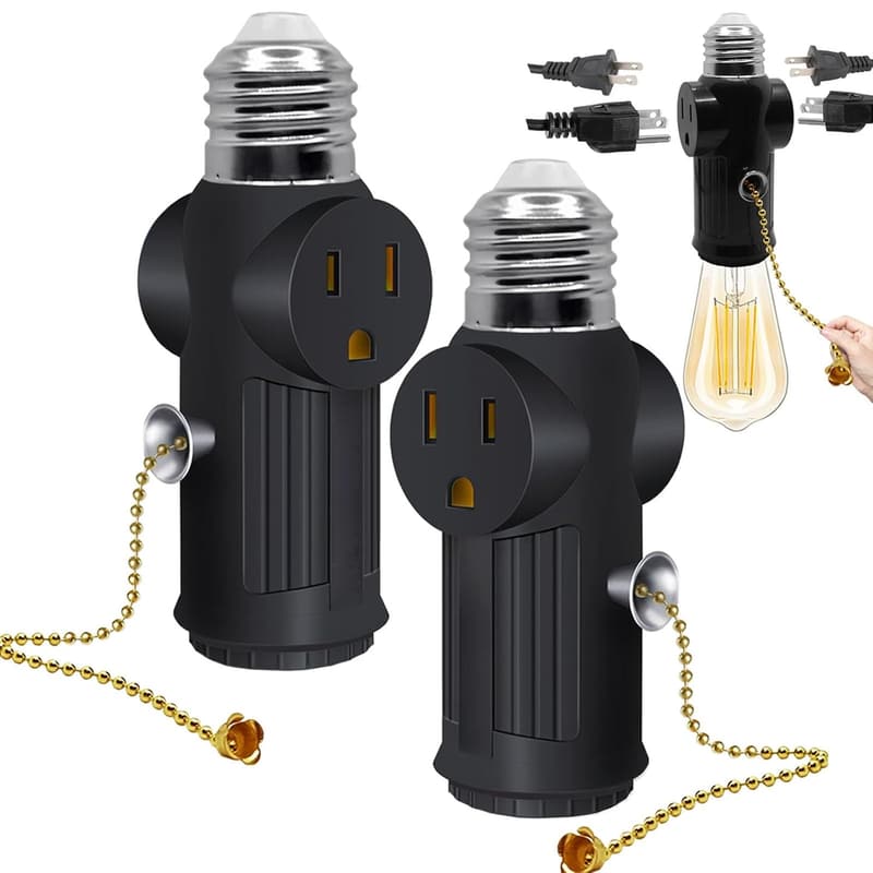 E26/E27 3-Prong Light Socket Plug Adapter with Switch, 2-Pack