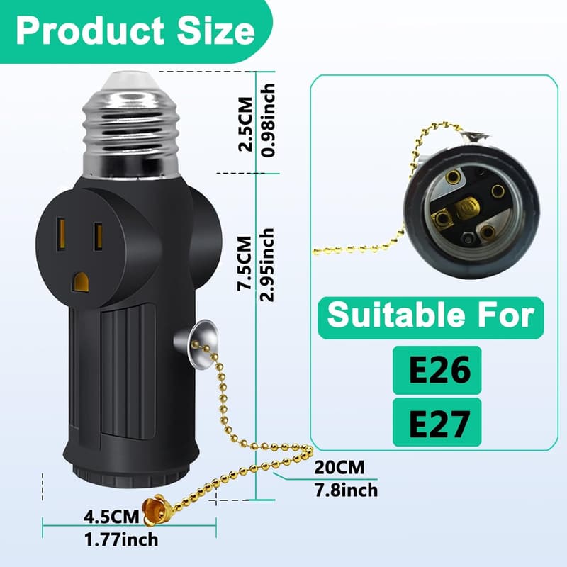 E26/E27 3-Prong Light Socket Plug Adapter with Switch, 2-Pack