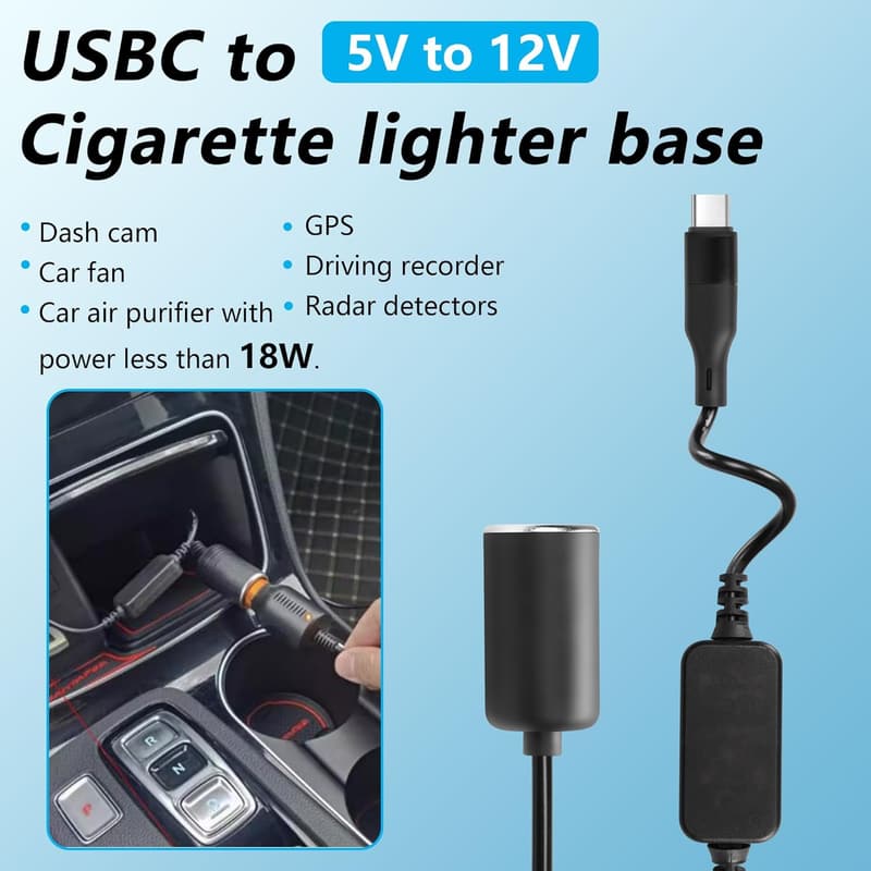 12V USB C Male to Cigarette Lighter Adapter Power Cable