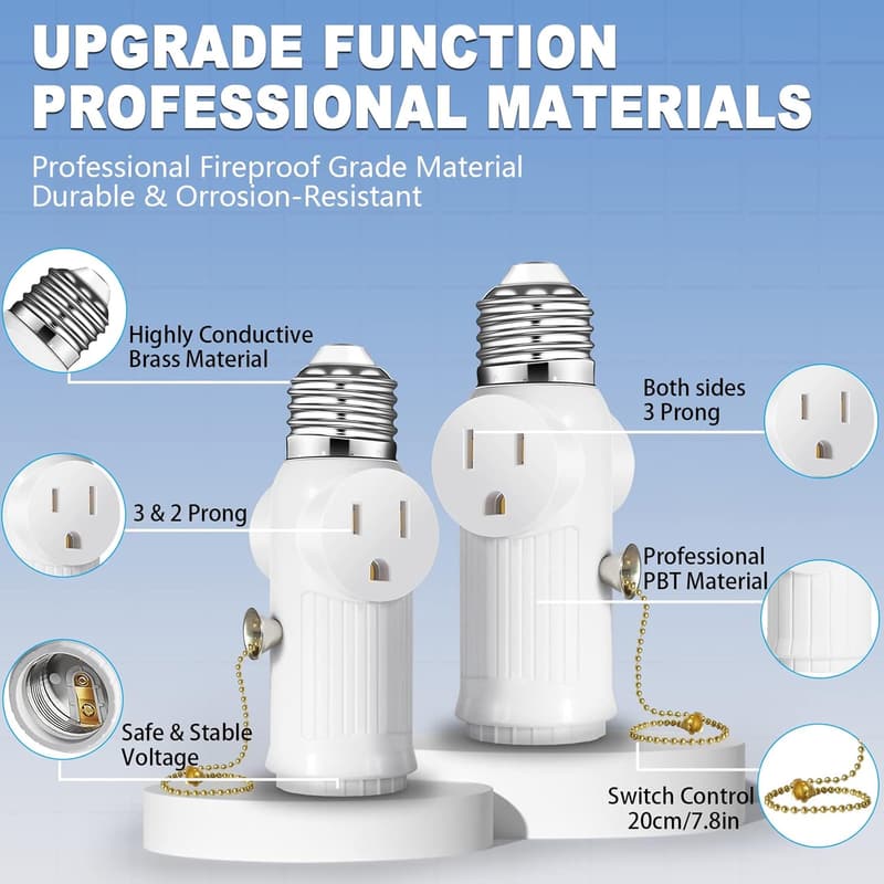 Light Socket to Plug Adapter (2 Pack) - Heat-Resistant White