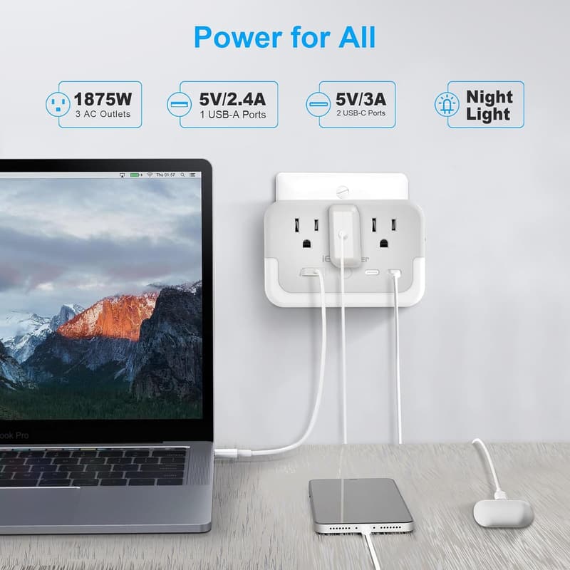Portable Outlet Extender with Light Sensor & USB Ports