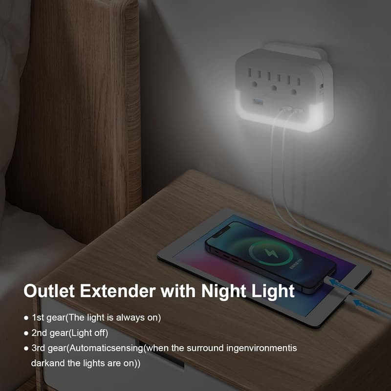 Portable Outlet Extender with Light Sensor & USB Ports