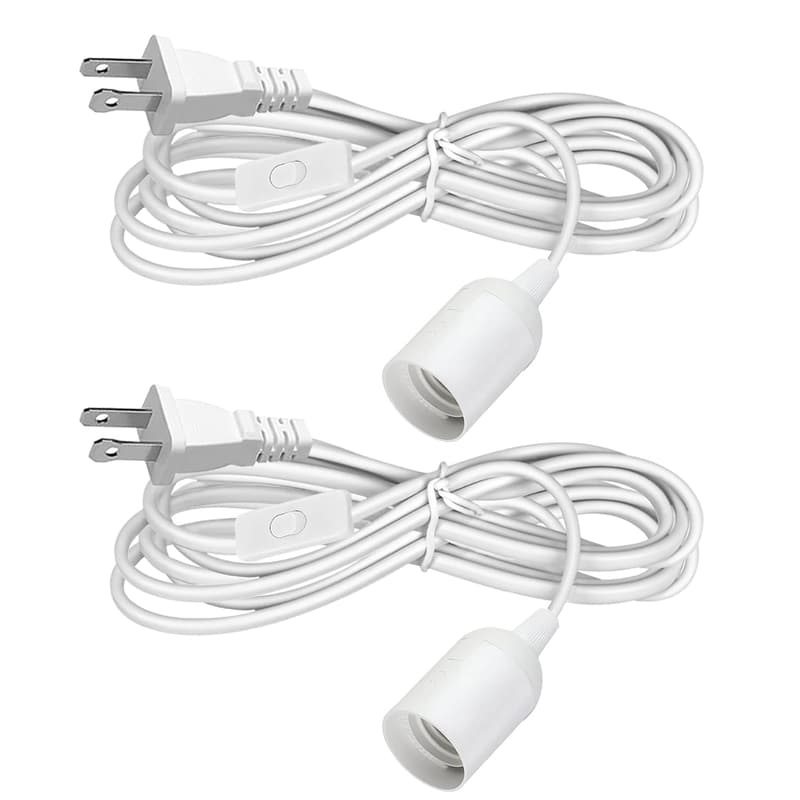 16Ft White Hanging Light Cord with E26/E27 Socket - 2 Pack