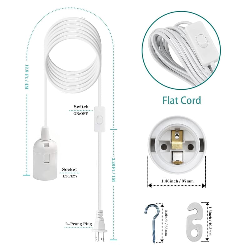 16Ft White Hanging Light Cord with E26/E27 Socket - 2 Pack